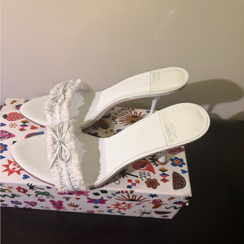 Jeffrey Campbell White Fringe Bow Open-Toe Heeled Sandals
